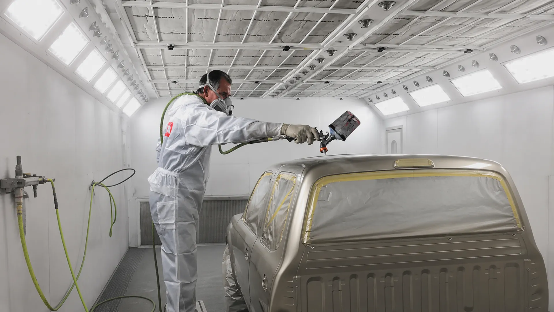 Man painting vehicle in workshop